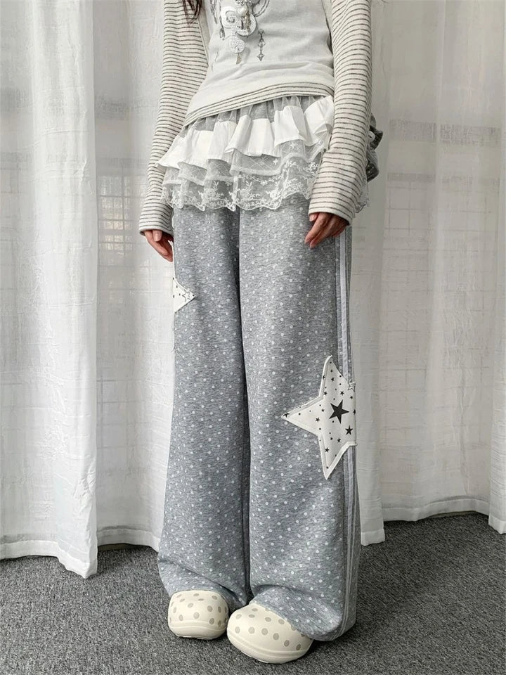 Y2k Aesthetics Preppy Style Straight Pants Polka Dot Star Patchwork Casual Pantalones Mujer Punk Harajuku Loose Women's Clothing