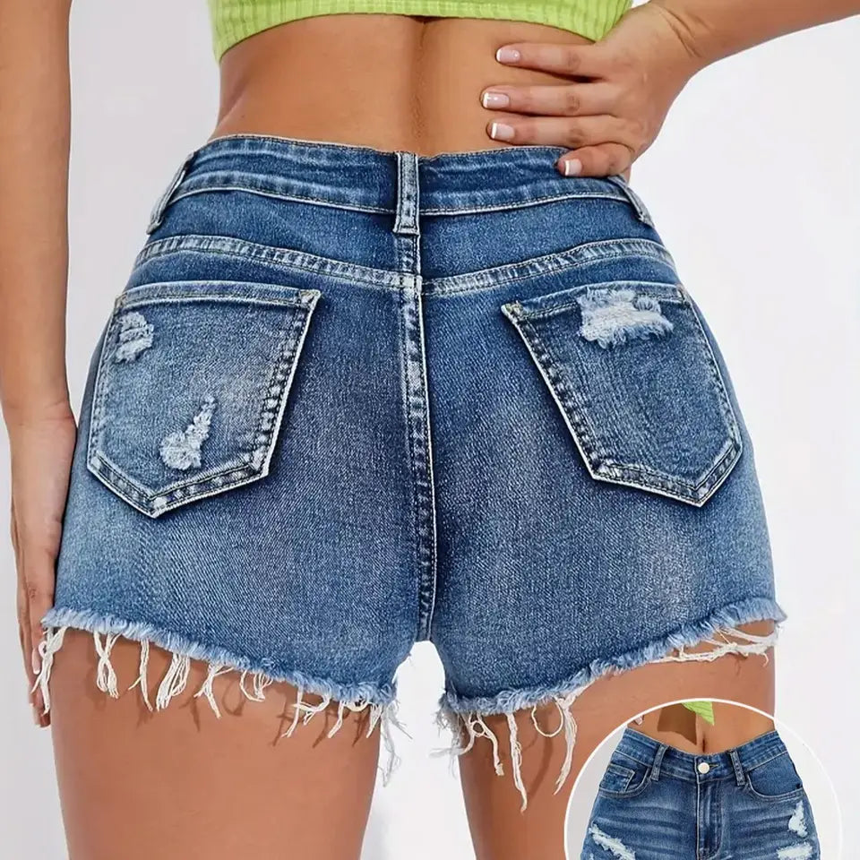 2025 Summer High Waist Light Wash Jean Shorts Women | Vintage Y2K Booty Lifting Shorts High Street Distressed Raw Edge Hot Pants