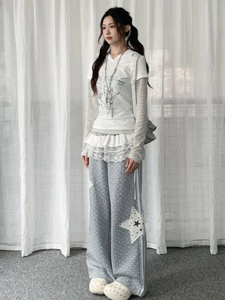Y2k Aesthetics Preppy Style Straight Pants Polka Dot Star Patchwork Casual Pantalones Mujer Punk Harajuku Loose Women's Clothing