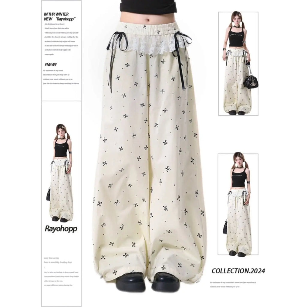 Women Sweet Lace Bow Tie Pants Korean Retro Casual Trendy Trousers Patchwork Design Summer Loose Elastic Waistbell Straight Leg