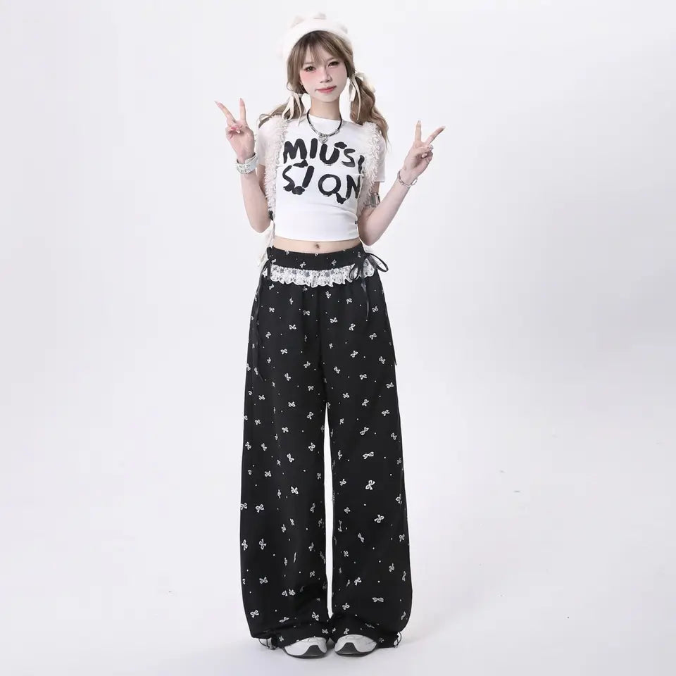 Women Sweet Lace Bow Tie Pants Korean Retro Casual Trendy Trousers Patchwork Design Summer Loose Elastic Waistbell Straight Leg
