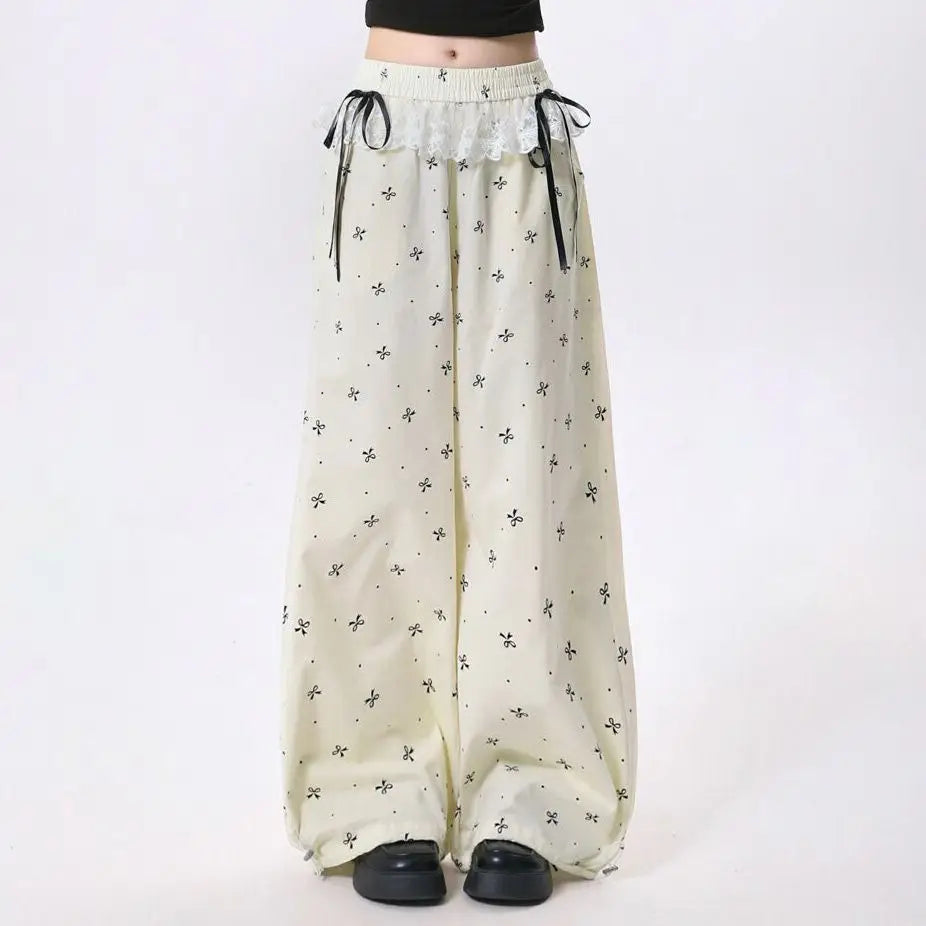 Women Sweet Lace Bow Tie Pants Korean Retro Casual Trendy Trousers Patchwork Design Summer Loose Elastic Waistbell Straight Leg