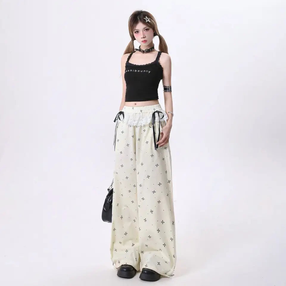 Women Sweet Lace Bow Tie Pants Korean Retro Casual Trendy Trousers Patchwork Design Summer Loose Elastic Waistbell Straight Leg