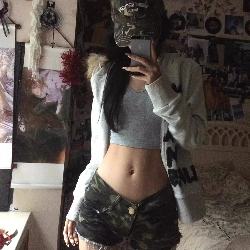 American Style Spicy Girl Camouflage Frayed Low Waist Denim Super Short Pants Women Slimming Butt Enhancing Straight Leg Hot ...