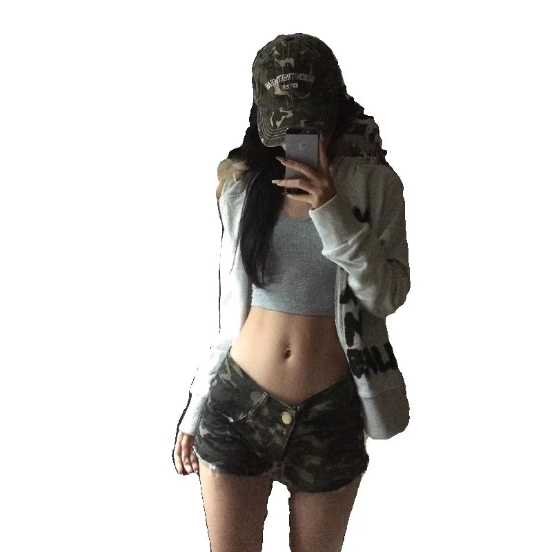 American Style Spicy Girl Camouflage Frayed Low Waist Denim Super Short Pants Women Slimming Butt Enhancing Straight Leg Hot ...