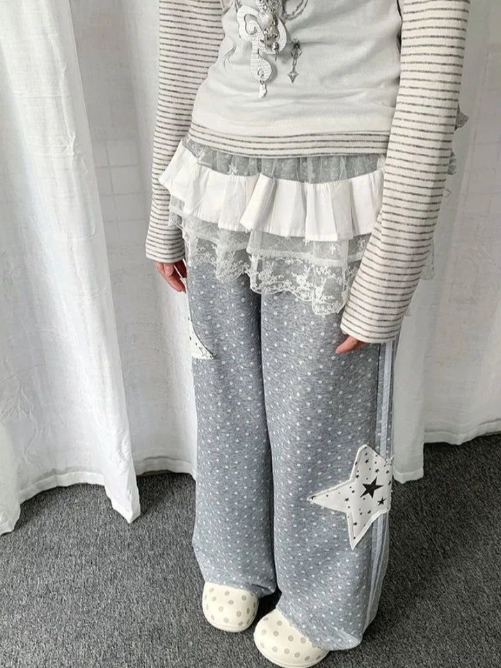 Y2k Aesthetics Preppy Style Straight Pants Polka Dot Star Patchwork Casual Pantalones Mujer Punk Harajuku Loose Women's Clothing