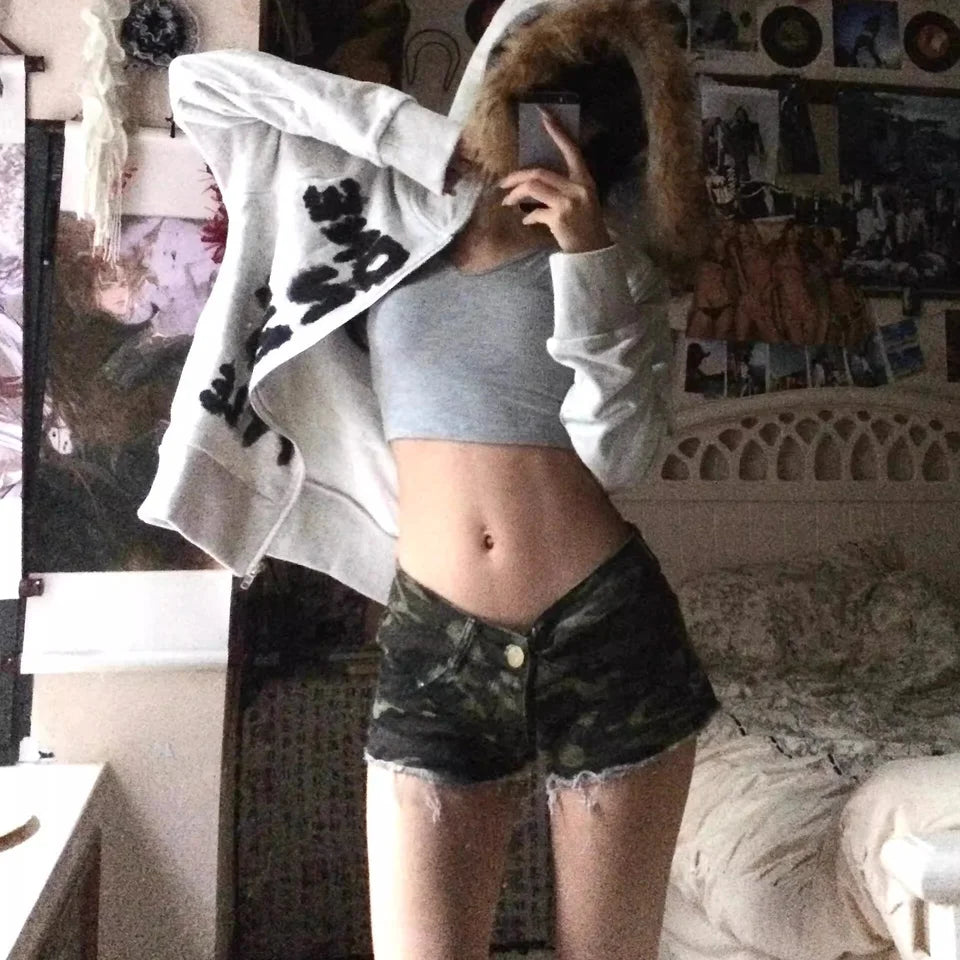 American Style Spicy Girl Camouflage Frayed Low Waist Denim Super Short Pants Women Slimming Butt Enhancing Straight Leg Hot ...