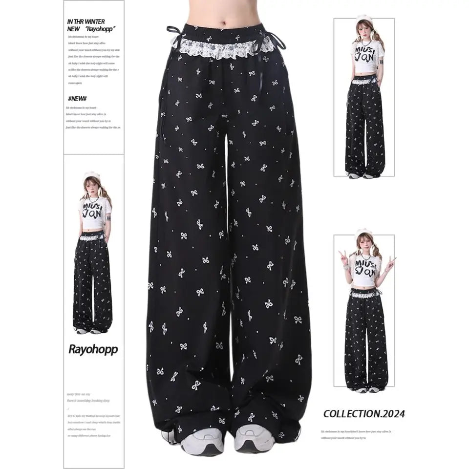 Women Sweet Lace Bow Tie Pants Korean Retro Casual Trendy Trousers Patchwork Design Summer Loose Elastic Waistbell Straight Leg