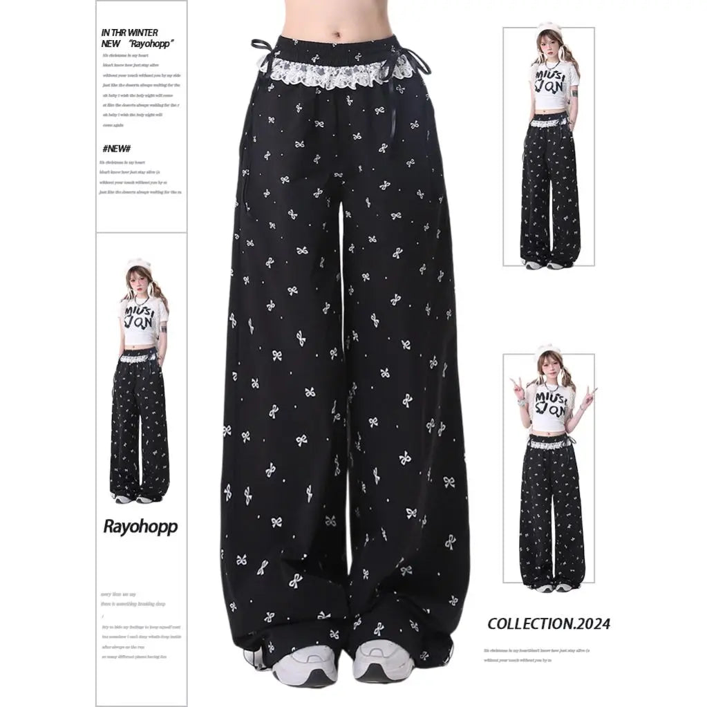Women Sweet Lace Bow Tie Pants Korean Retro Casual Trendy Trousers Patchwork Design Summer Loose Elastic Waistbell Straight Leg