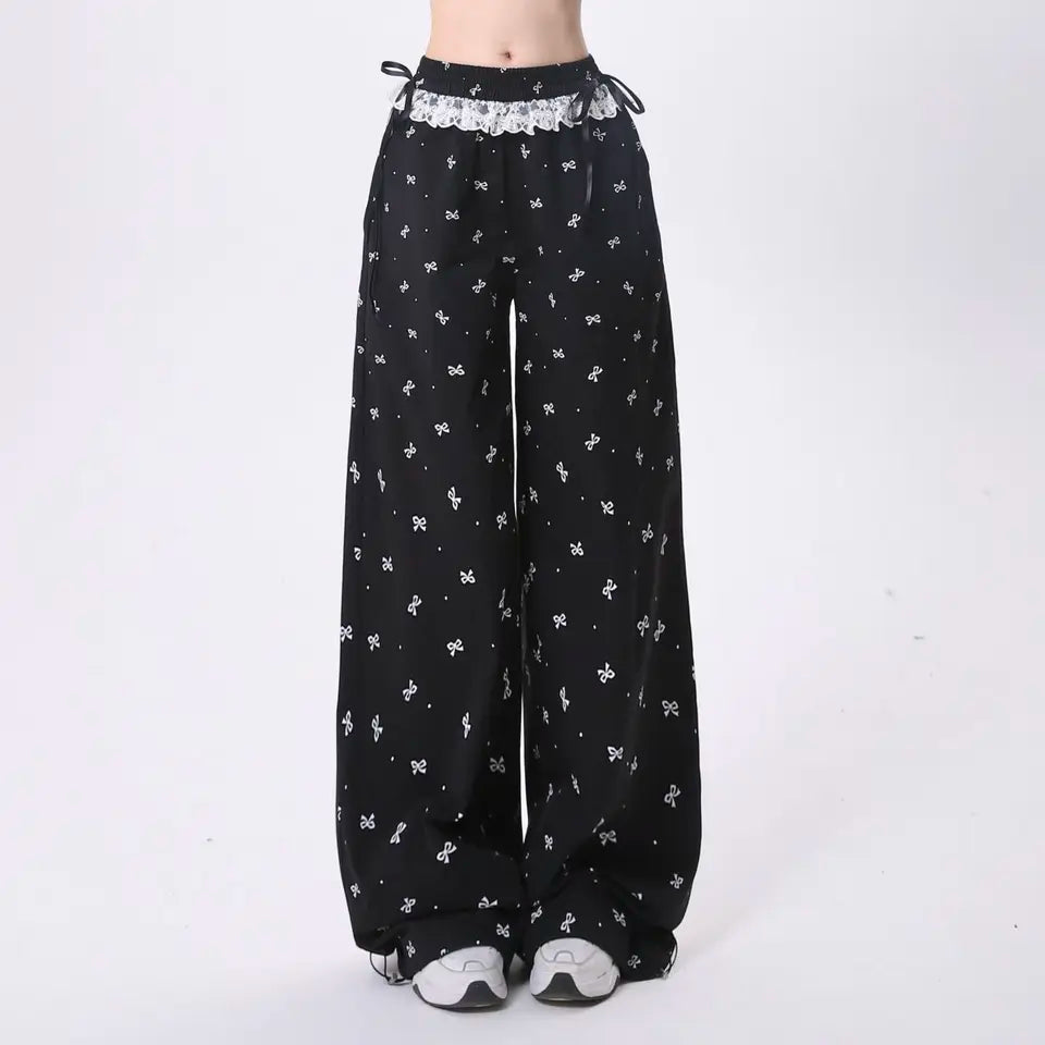 Women Sweet Lace Bow Tie Pants Korean Retro Casual Trendy Trousers Patchwork Design Summer Loose Elastic Waistbell Straight Leg