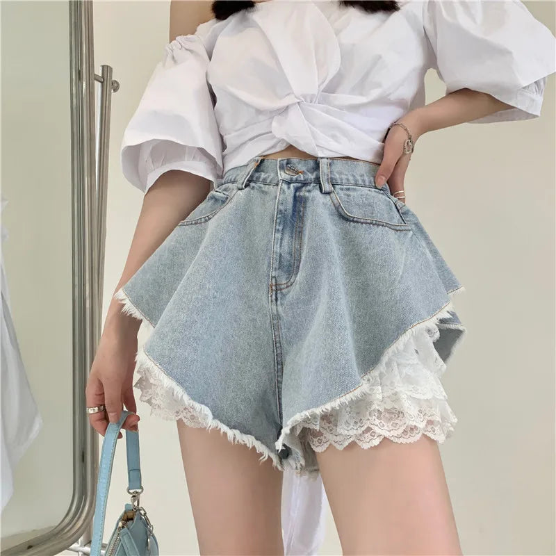 High Waist Wide Leg Short Jeans Women's Summer New Style Spicy Girl Loose Fit A-Line Pants plus Size Fashionable Design
