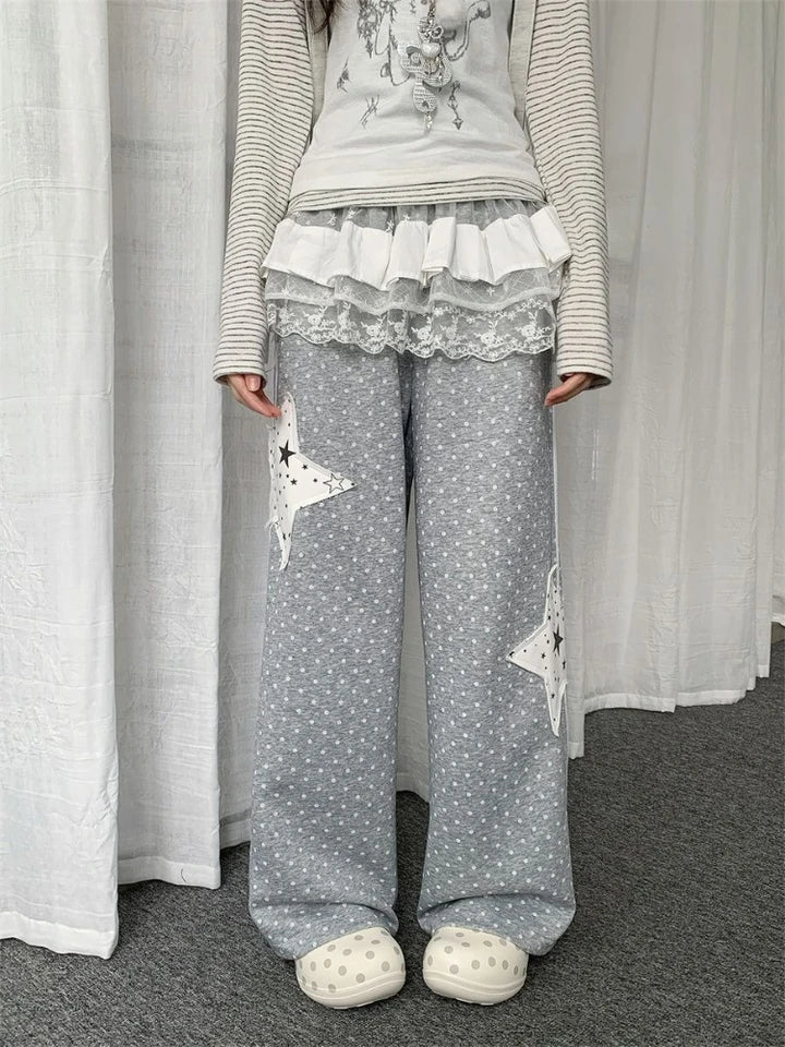 Y2k Aesthetics Preppy Style Straight Pants Polka Dot Star Patchwork Casual Pantalones Mujer Punk Harajuku Loose Women's Clothing