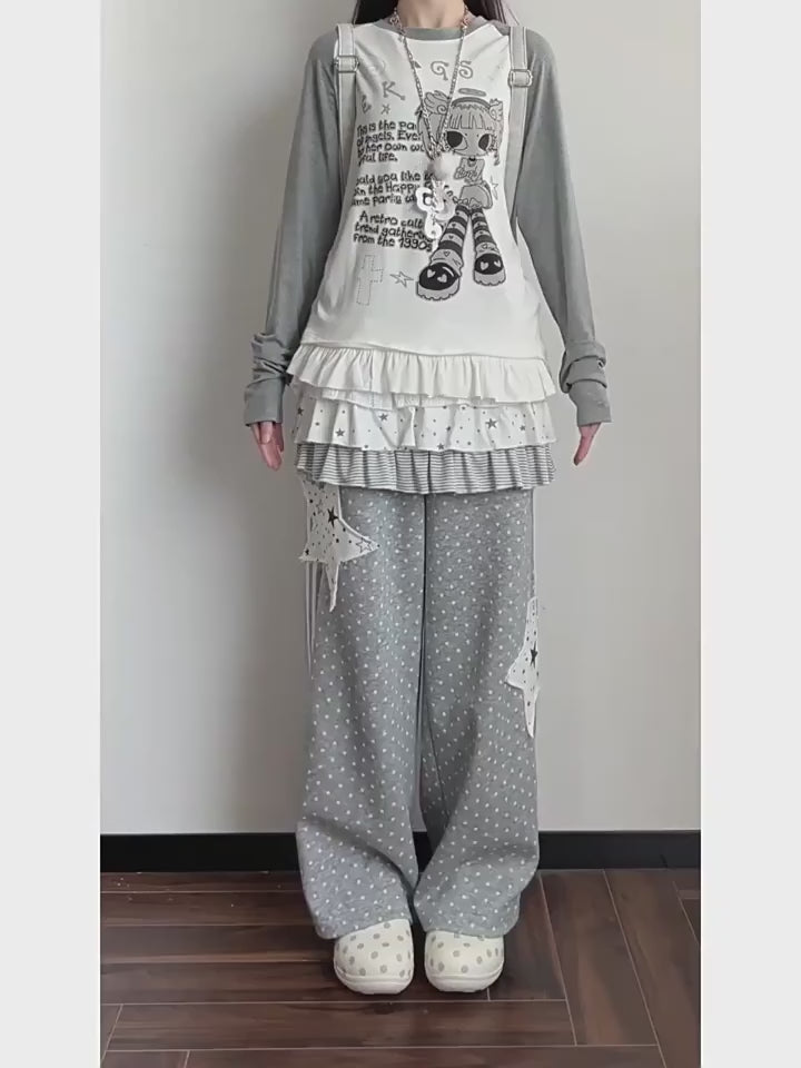 Y2k Aesthetics Preppy Style Straight Pants Polka Dot Star Patchwork Casual Pantalones Mujer Punk Harajuku Loose Women's Clothing