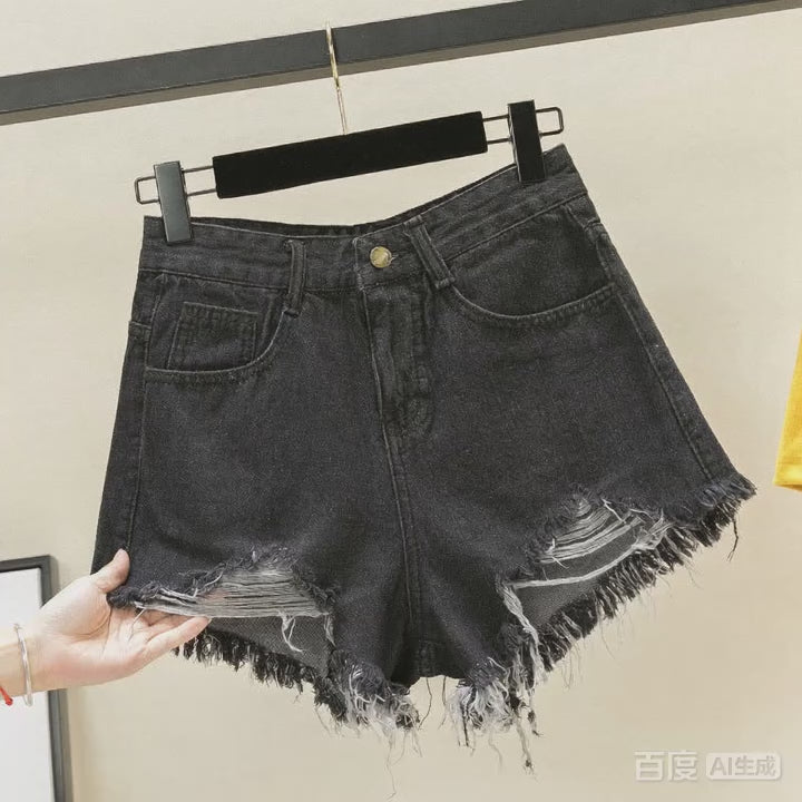 Korean Fashion Cowboy Shorts Women's Summer Casual High Waist Blue Denim Shorts Pocket Tassel Perforated Pants Y2K Female Jeans