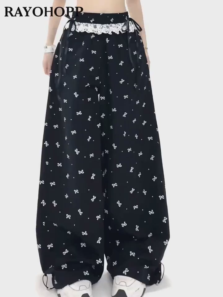 Women Sweet Lace Bow Tie Pants Korean Retro Casual Trendy Trousers Patchwork Design Summer Loose Elastic Waistbell Straight Leg